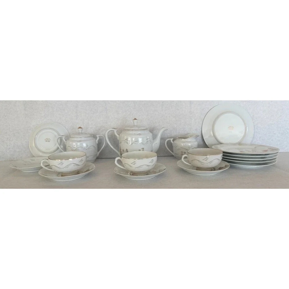 Kutani Lithophane Tea Set, Gold and White